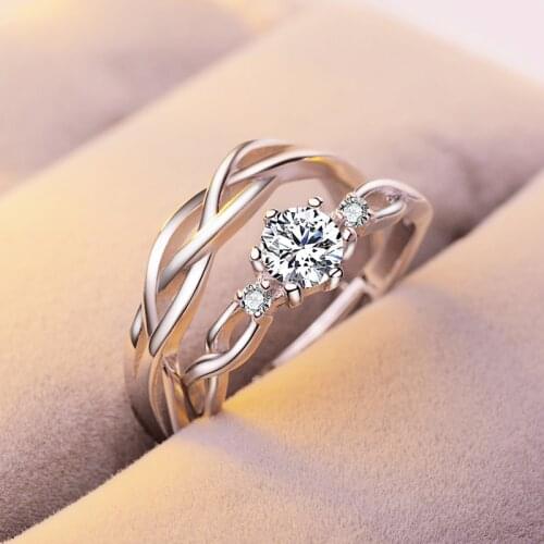 New Delicate Twisted Weave AAA Zircon Lovers Rings 925 Sterling Silver Resizable Rhinestone Women Ring Set Fashion Jewelry Gift