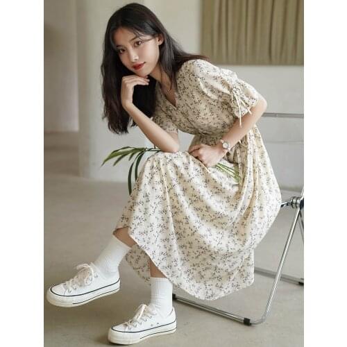 Summer New Arrival French Style Vintage V-Neck Collar Floral Dress Waisted Long Style Cool Quality