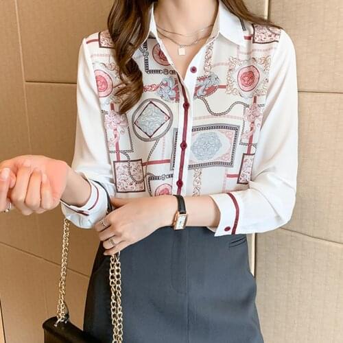 2021 Spring and Autumn New Hong Kong Flavor Retro Printed Chiffon Long Sleeve Shirt Ladies Fashion Top Plus Size Korean Fashion