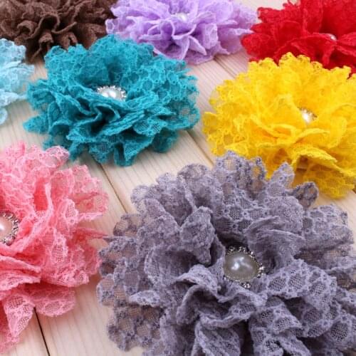 50pcs/lot 4" 14colors Handmade Tulle Lace Flower With Pearl Buttons For Hair Accessories Artificial Fabric Flowers For Headbands