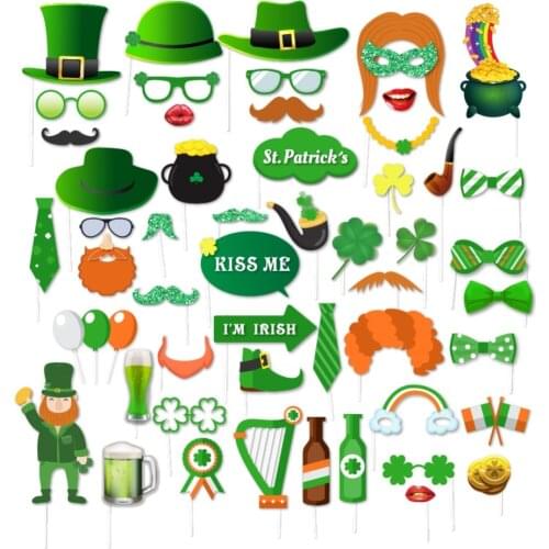 55pcs Ireland St Patricks Day Photobooth Props Party Decorations Green Top Hat Shamrocks Ms Mr DIY Photo Props Party Supplies