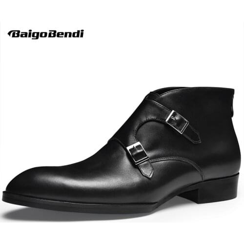 Elegant Men Full Grain Leather Buckle Dress Boots Man Pointed Toe Zip Ankle Boots Warm Plush Snow Boots Trendy Wedding Shoes
