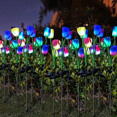 Simulation 3 Tulips LED Solar Light Flower Outdoor Waterproof Garden Lawn Stakes Lamps Yard Art Lights For Patio Yard Decoration