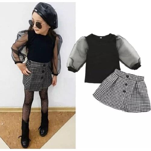 2 Pieces Kids Girl Clothing Sets 2020 New Puff SLeeves Tops T-Shirt+Plaid Skirt Toddler Children Summer Clothes Outfits For 2-6T