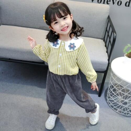 1-4 years girls clothes spring autumn two-piece doll collar striped plaid sweatshirt coat + pants fashion quality child clothing