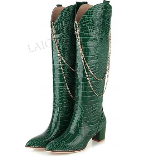 LAIGZEM FASHION Women Knee High Boots Mid Thick Heels Pull On Chian Crocodile Print Ladies Shoes Woman Big Size 33 37 45 46 48