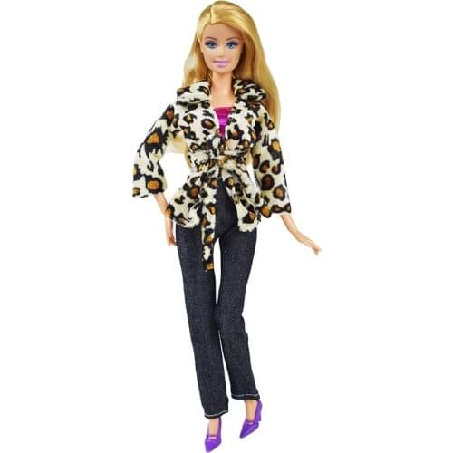 Leopard Plush Jacket + Fluorescent Tube Top + Jeans Doll Clothes Accessories for 12 Inch Doll Wardrobe Pants Suit Girl Toys #10