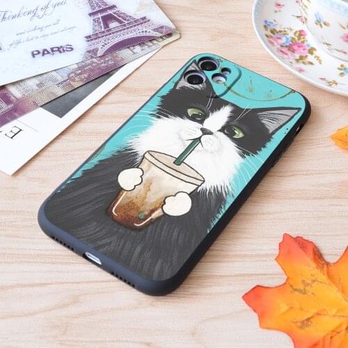 Tuxedo Cat With Iced Coffee Print Soft Silicone Matt Case For Apple iPhone Case
