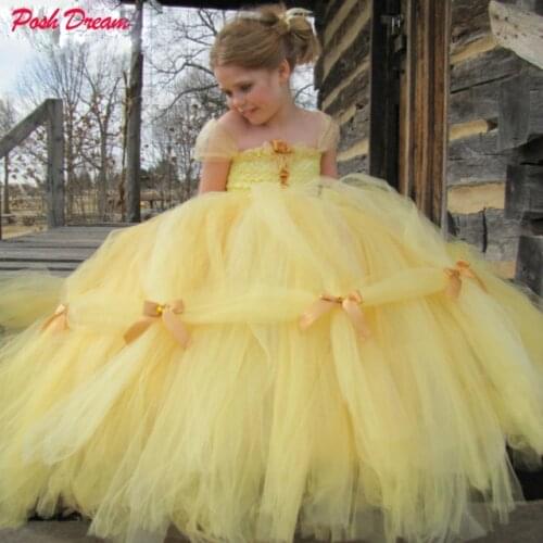POSH DREAM Beauty and The Beast Belle Princess Girls Cosplay Costume Yellow Gold Belle Princess Children Girls Tutu Dresses