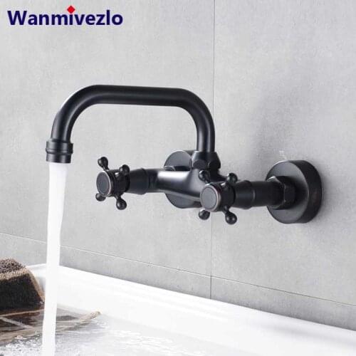 Black Bronze Bathroom Faucet Wall Mounted Basin Faucet 360 Degree Rotation Double Handle Crane Cold Hot Water Mixer Tap torneira