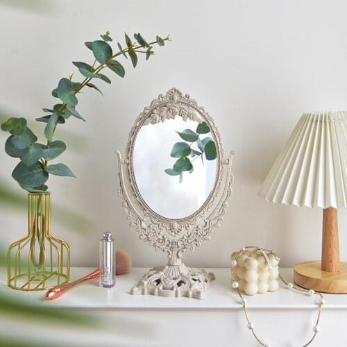 360 Degree Rotatable Mirror Nordic Silver Plastic Vintage Decorative Mirror Small Oval Make-up Bedroom Mirror Ins Table Room