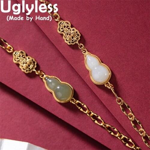 Uglyless Hollow Gold Gourds Bracelets for Women Natural Gemstones Jade Bracelets Pin Chains 925 Silver Vintage Jewelry Ethnic