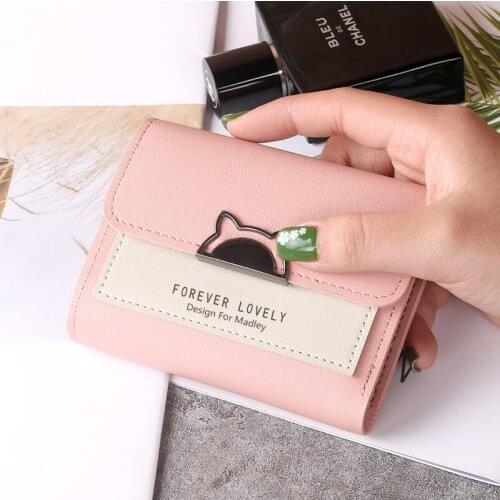 Womens Wallet Short Solid Color Female Pu Leather Three Fold Metal Fox Buckle Coin Purses Ladies Mini Clutch Bag Card Holder