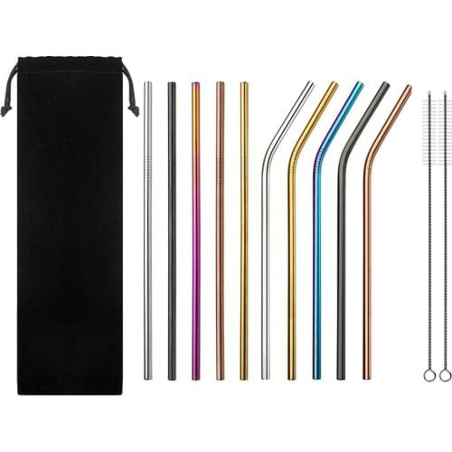 12pcs/set Reusable Stainless Steel Straws Extra Long 8.5'' Metal Drinking Straws with 2 Brushes Carry Bag Environmental Straws