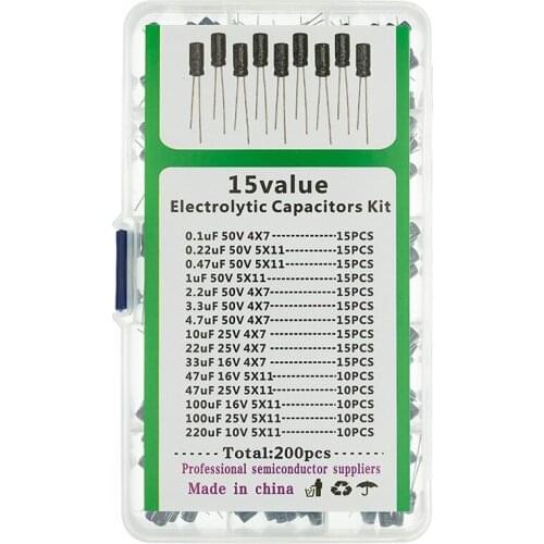 15values 200pcs Electrolytic Capacitor Organization Storage 0.1-220uF Capacitors Assortment Box Kit