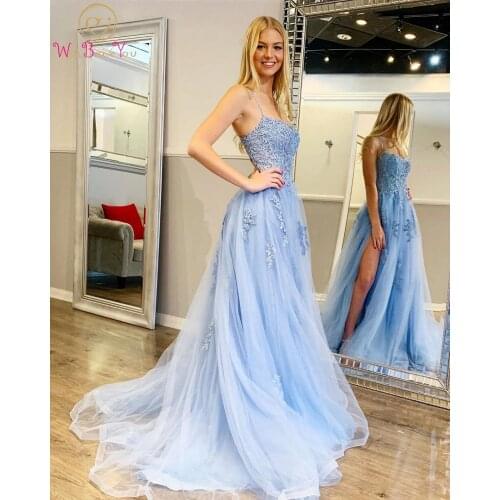 2020 Stunning Sky Blue Evening Dresses Appliques Tulle A-line vestidos de gala Formal Wear Lace Up Corset Prom Party Gowns