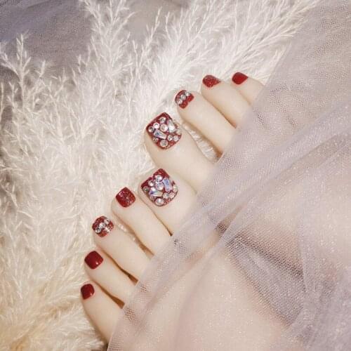 24pcs Full Rhinestone Inlaid Toenail Patch Glue Type Removable Short Paragraph Fashion Manicure False Toenail Patch Nail Art