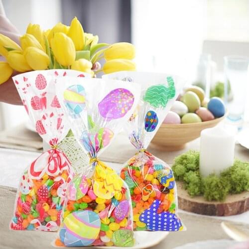 50pcs Easter Cartoon Bunny Egg Printed Plastic Candy Bags Transparent Gift Food Cookie Baking Package Bags Easter Decoration