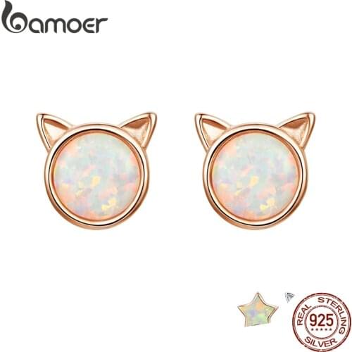 BAMOER New Arrival 925 Sterling Silver Cute Cat Ears Big Stone Small Stud Earrings for Women Fashion Earrings Jewelry SCE538