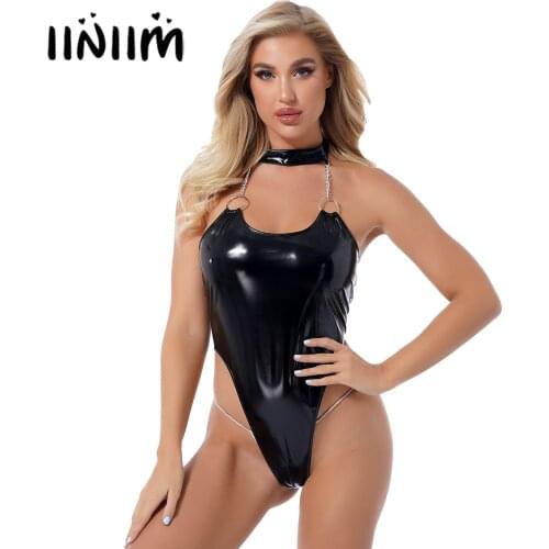 Womens O Ring Metal Chain Decor Catsuit Clubwear Patent Leather Bodysuit Halter Neck Glossy Backless Sleeveless High Cut Leotard