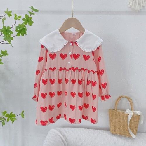 Spring Kids Dresses for Girls Sweet Children Party Dress Love Pattern Girl Clothes Long Sleeve Baby Vestidos for 12M-8 Years