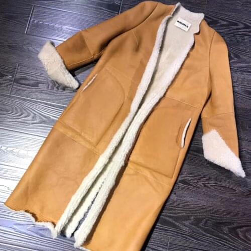 Long women suede shearling lambskin coat warm winter outwear
