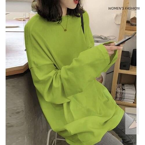 2021 Womens Autumn Korean Long Sleeve T-shirt Loose Solid Basic Tshirt Cotton Simple Harajuku Tees Camisetas Verano Mujer Top