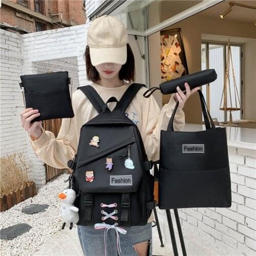 4 Pcs Sets Schoolbag Canvas school bags for teenager girls kawaii women backpack travel shoulder bag