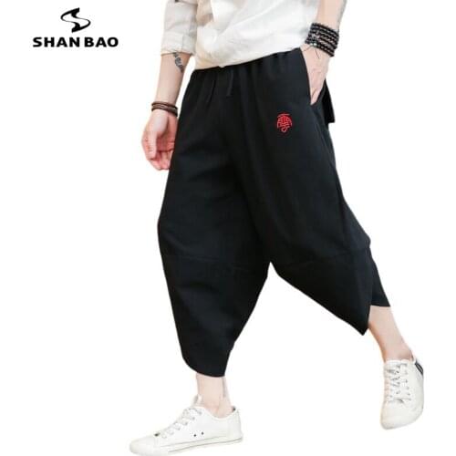 SHAN BAO brand clothing Chinese style mens casual loose pants 2020 summer new Chinese characters embroidered pants large size