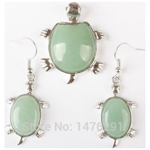 New Natural Aventurine Quartz Tortoise Turtle Bead Silver Plated Dangle Earrings & Pendant 1 Set