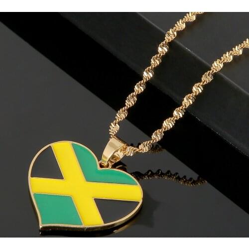 Stainless Steel Trendy Jamaica Flag Pendant Necklace Jamaican Country Heart Map Chain Jewelry