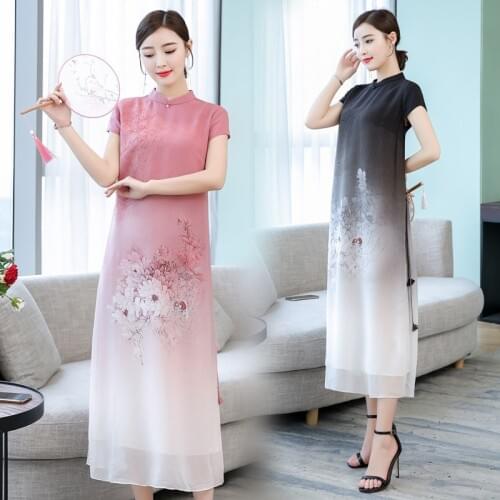 Robe Vintage Femme Summer 2019 Dress Women Cheongsam Silk Qipao Long Ladies Dresses Ao Dai Vietnam Dress Chinese Style AA4760