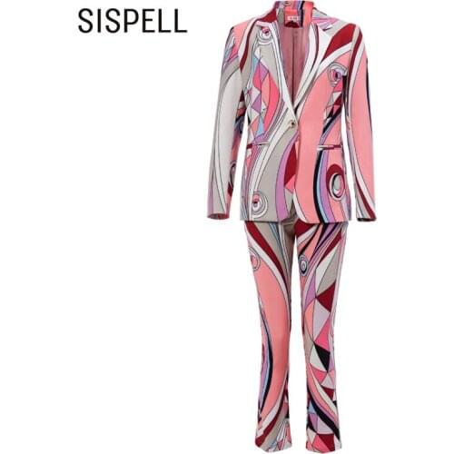 SISPELL Print Hit Color Sets For Female Lapel Collar Long Sleeve Coat With High Wiast Slimming Straight Leg Pants Womens Set