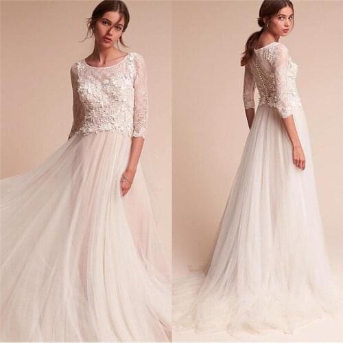 Half Sleeves Scoop Neck Wedding Dress 2020 Lace Appliques Top Tulle Skirt Buttons Back Bridal Gowns Spring Custom Online