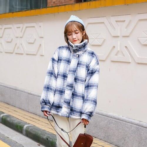 Plaid Women Jacket Lambswool Autumn Winter Warm Ladies Coats Korean Style Loose Plus Velvet Long Sleeve Outerwear for Female