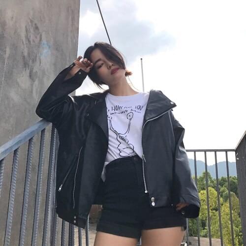 Spring Autumn Women Loose Solid Pu Leather Jackets Female Bf Motorcycle Jacket Ladys Turndown Collar Slim Jacket