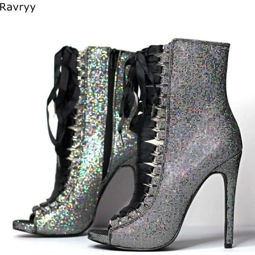 Cross Lace up Woman Ankle Boots Bling Bling Silver Female Short Boot Peep Toe Concise Style Thin Heel Hot Fashion Autumn Winter