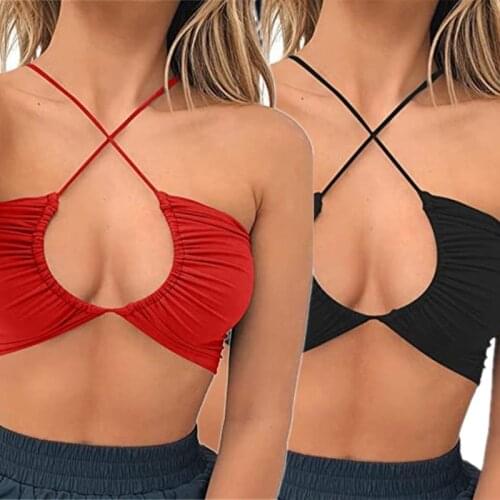 Women Sexy Halter Bandage Crop Top Cutout Ruched Crisscross Bustier Camisole X7YA