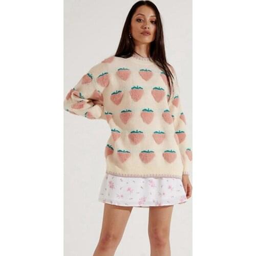 Ladies Long Sleeve Knitted Sweater Breathable Strawberry Embroidered Round Neck Loose Top 2021 Fall Casual E-girl College Style