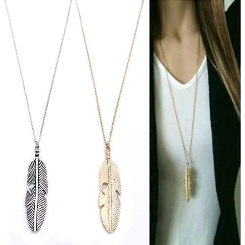 Simple Pendant Necklace Feather Necklace Long Sweater Chain Statement Jewelry Leaf Necklace For Women Collier Femme Collar Kolye