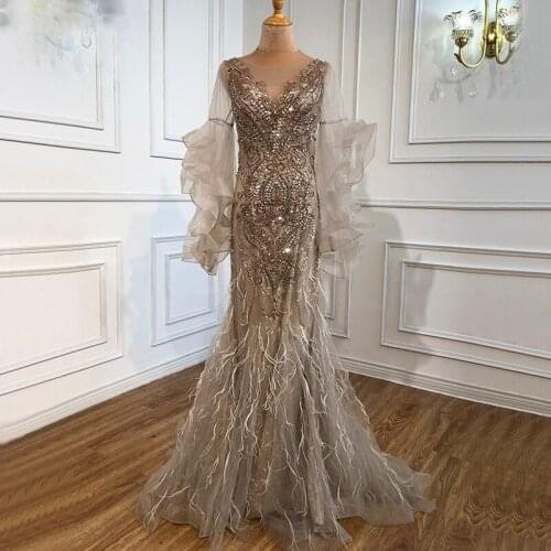 Gold Evening Dresses Mermaid Bead Vestidos De Fiesta Formal Party Dress Islamic Dubai Kaftan Saudi Arabic Evening Real Photo