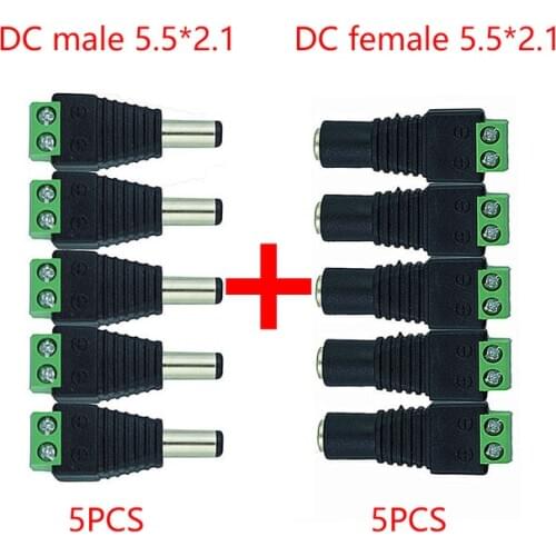 5.5mm x 2.1mm Female Male DC Power Plug Adapter for 5050 3528 5060 Single Color LED Strip and CCTV Cameras