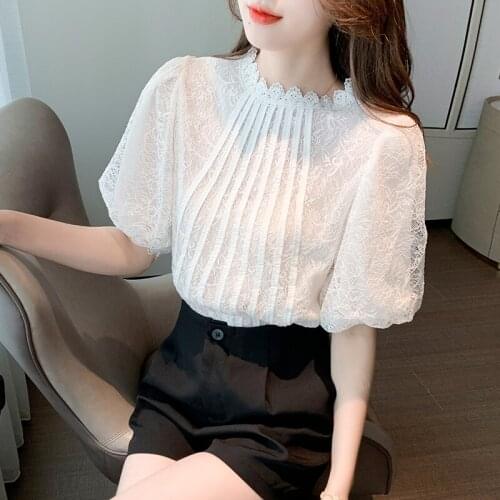 White Lace O-neck Lantern Sleeve Blouse Shirt Korean Office Lady Elegant Blouses Female Summer Party Blouses Tops