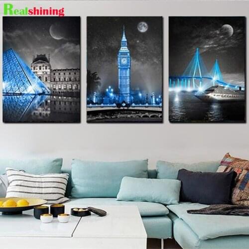 Black and White Blue Stylish Building 5d round Diamond Embroidery diamond painting full drill cross stitch mosaic 3 piece N2336