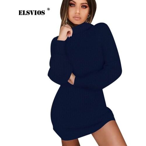 ELSVIOS Women Turtleneck Warm Sweater Dress Autumn Winter Long Sleeve Ribbed Knitted Dress Casual Solid Female Dresses Vestidos