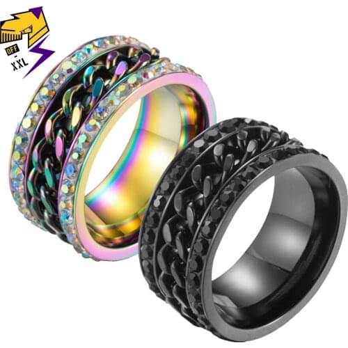 Brand Classic Rotatable Black Chain Ring for Men Women Bling Colorful Crystal Finger Rings Punk Titanium Steel Couple Jewelry