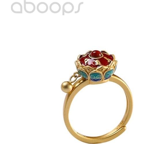 Gold 925 Sterling Silver Enamel Lotus Ring,Buddhist Spinner Ring for Women Girls,Adjustable Size 6-8,Free Shipping