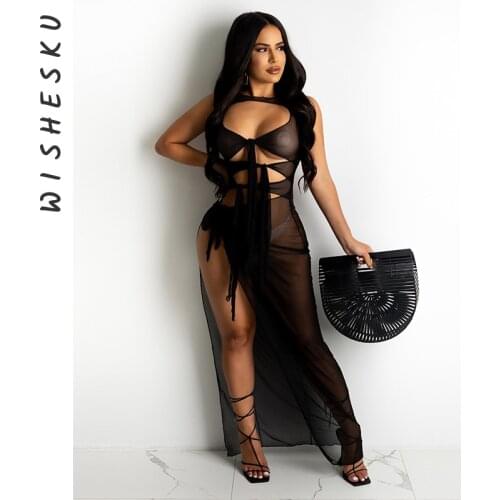 Summer Backless Maxi Dresses Woman Sexy Mesh See Through Hollow Out Beach Dress 2021 Vacation Party Night Fairy Grunge Outfits