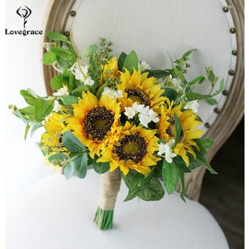 Lovegrace Sunflower Bouquet Bride Wedding Flower Artificial Silk Sunflower Bouquet Eucalyptus Leaf Unique Design Wedding Supply
