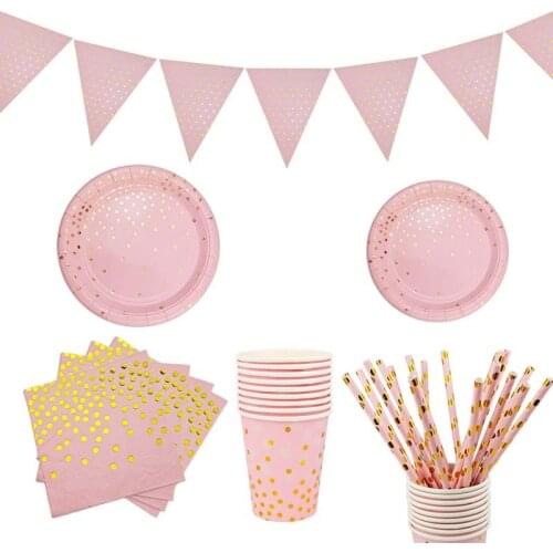 Gold Pink Disposable Tableware Set Baby Shower Paper Plates Cup Napkin 1st Birthday Party Decoration It is a Girl Party Supplies